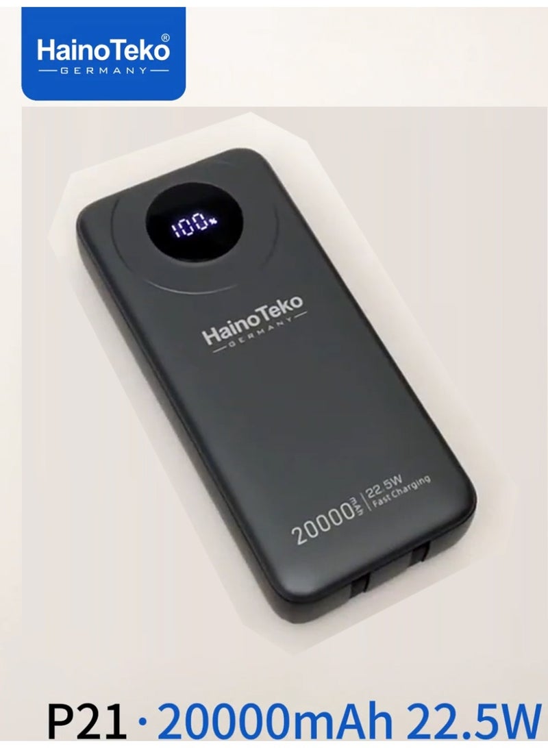 Haino Teko P21 20000mAh 22.5W Fast Charging Power Bank with LED Digital Display and Built-in Cables Black - Image 2