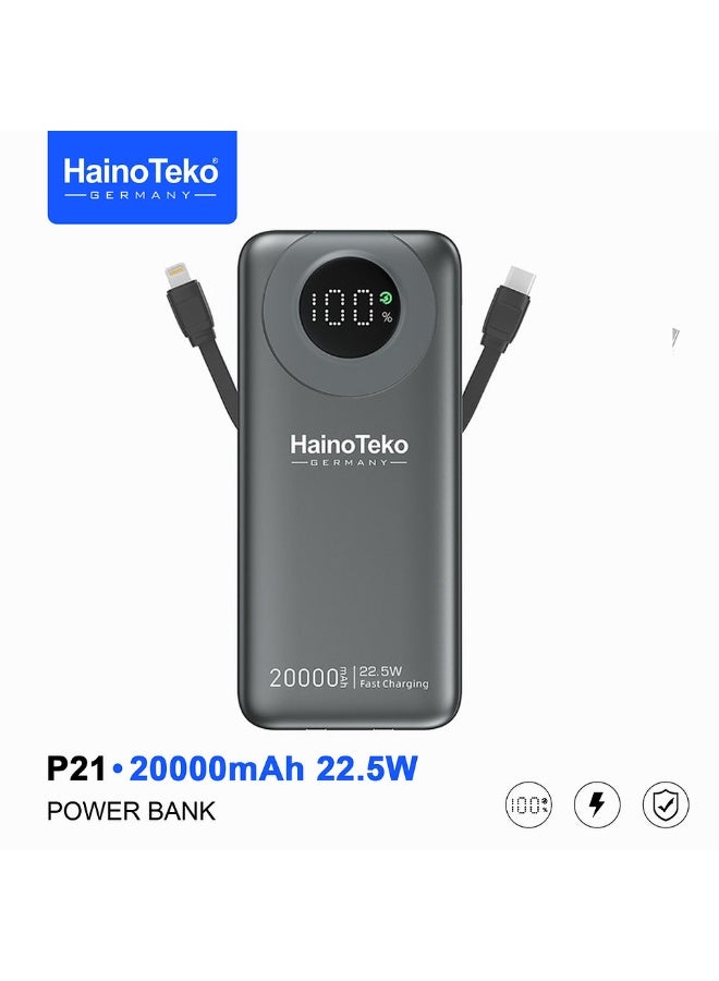 Haino Teko P21 20000mAh 22.5W Fast Charging Power Bank with LED Digital Display and Built-in Cables Black - Image 1