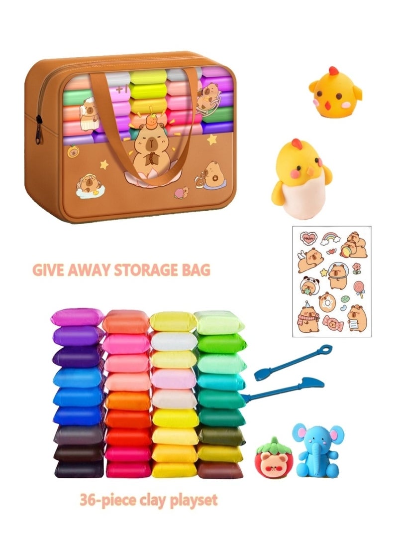 مجموعة صلصال فوم يجف بالهواء 36 لون للأطفال (Capybara) – صلصال بتصميم حيوان لطيف مع حقيبة حمل، ملصقات وأدوات تشكيل، لعبة فنية غير سامة للأطفال +3 سنوات - Image 1
