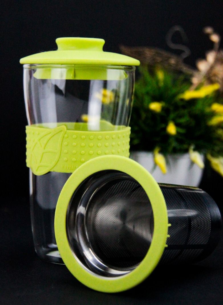 Tealand Insulated Tea and Coffee Mug Glass With Green Lid & Stainless Steel Filter (0.43L) - Image 5