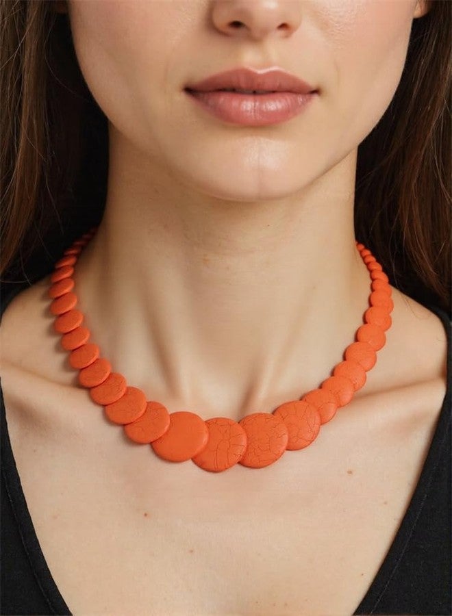 Dtja Bohemian Round Disc Choker Necklace for Women Colorful Turquoise Ball Beaded Birthstone Pendant Necklaces Adjustable Chain Handmade Stone Holiday Carnival Party Y2K Jewelry 22" (Orange) - Image 3