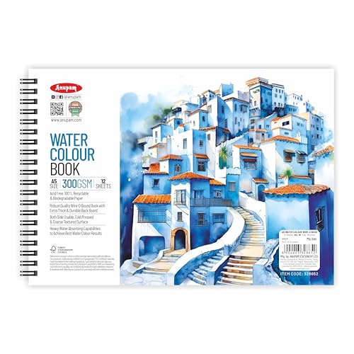 Anupam Artists Watercolour Wire-O Book 300 GSM Cold Pressed A5, 24 Pages for Watercolour, Gouache, Ink, Acrylic, Wet & Mixed Media, Art Painting, Drawing for Artists & Amateurs {Random Cover page} - Image 1