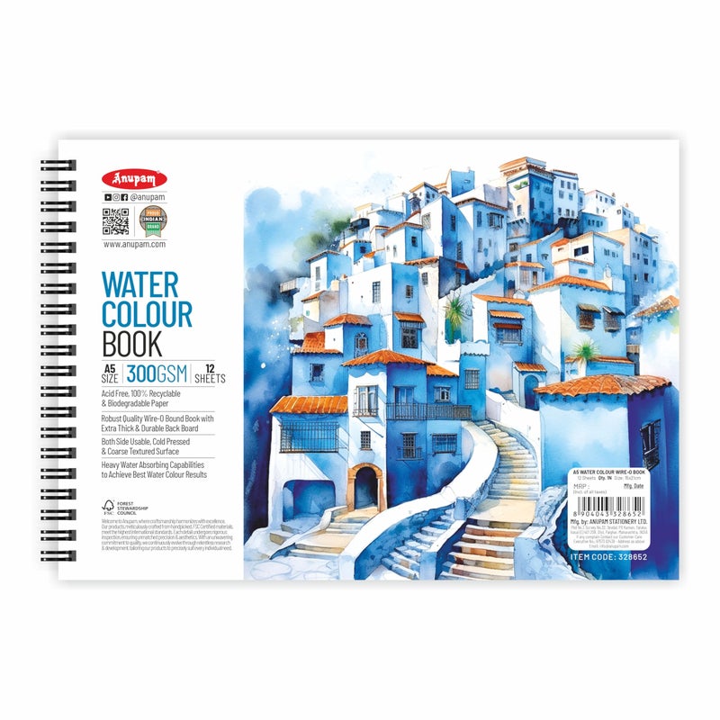 Anupam Artists Watercolour Wire-O Book 300 GSM Cold Pressed A5, 24 Pages for Watercolour, Gouache, Ink, Acrylic, Wet & Mixed Media, Art Painting, Drawing for Artists & Amateurs {Random Cover page} - Image 5
