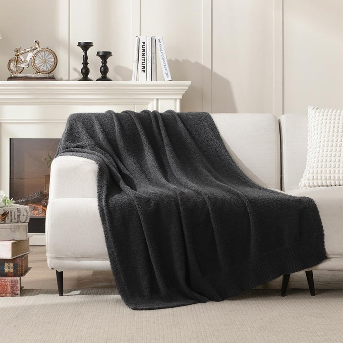 KNITTED DARK GREY BLACK THROW SIZE BLANKET POLYESTER SOFT FLEECE BLANKET FOR COUCH BED SOFA 50X60 INCHES CHARCOAL GRAY