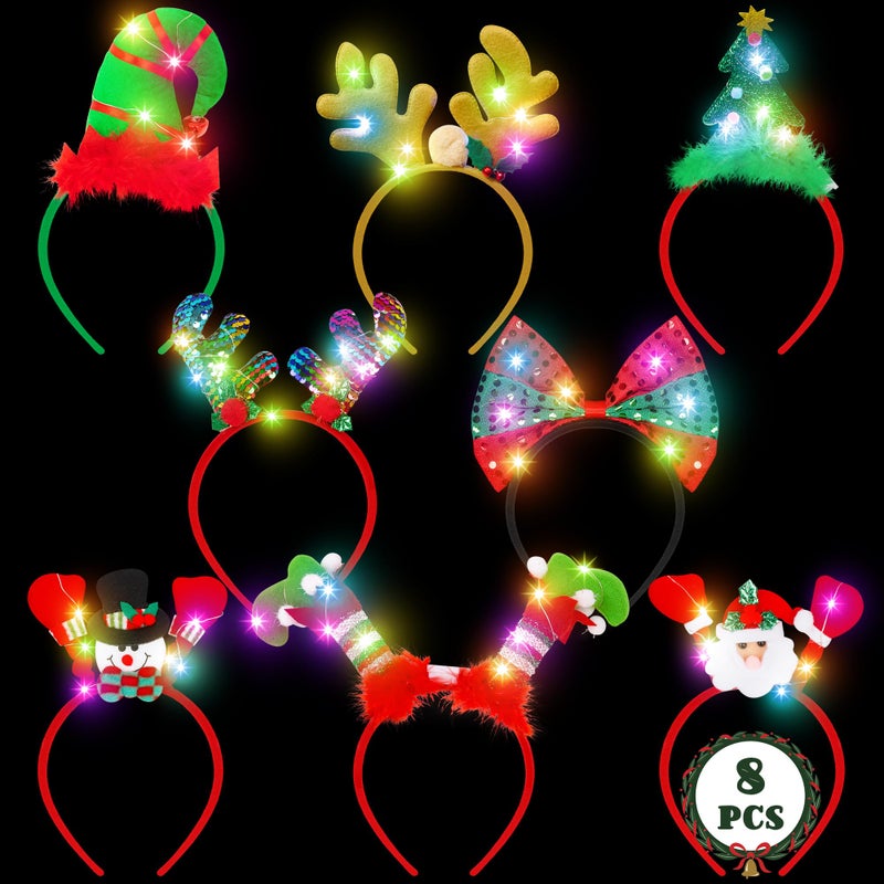 HOVACY 8 PCS Light Up Christmas Headband LED Lights Christmas Head Topper Santa Hat Reindeer Antler Tree Leprechaun Hat Bow Headpieces Bulk for Adults Xmas Holiday Party Favors Photo Supplies - Image 3