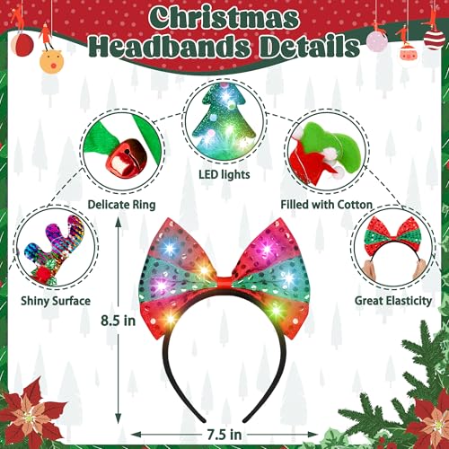 HOVACY 8 PCS Light Up Christmas Headband LED Lights Christmas Head Topper Santa Hat Reindeer Antler Tree Leprechaun Hat Bow Headpieces Bulk for Adults Xmas Holiday Party Favors Photo Supplies - Image 5