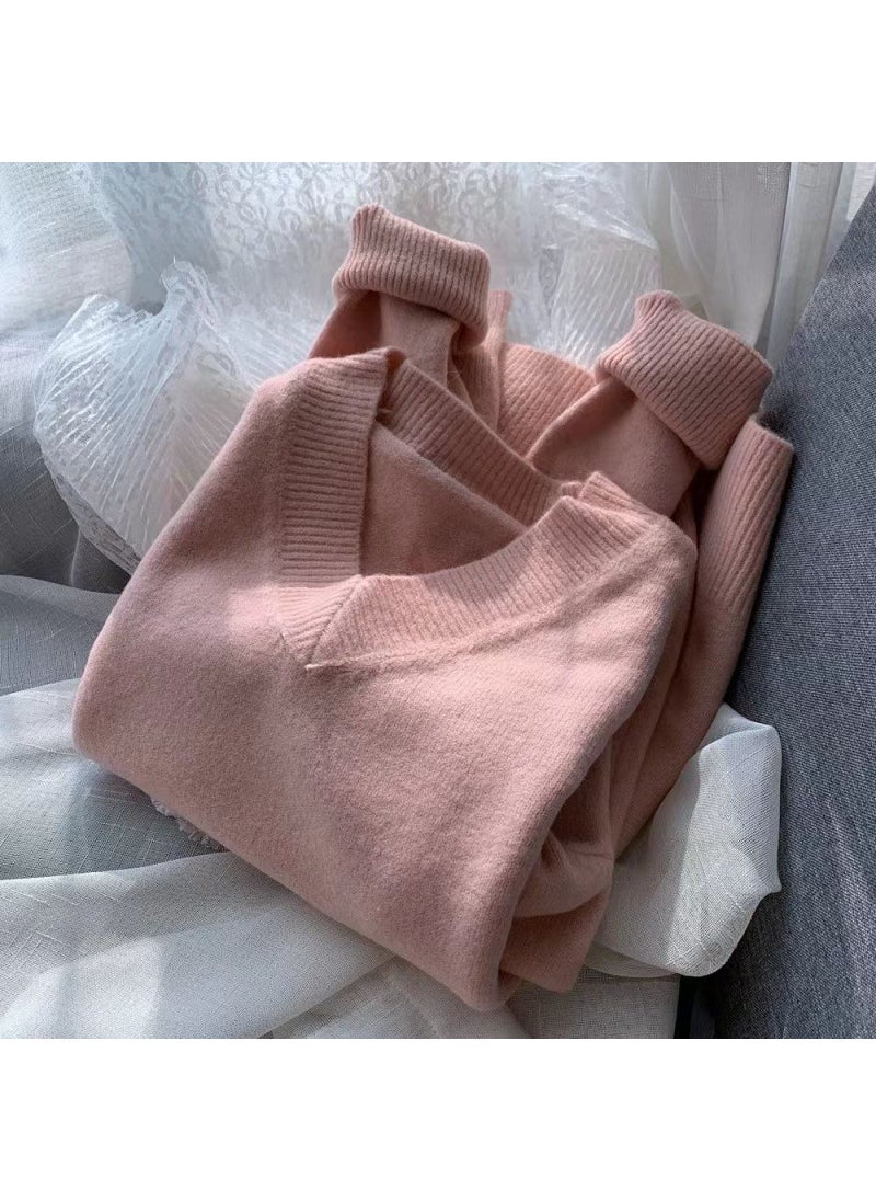 Generic - 2023 V-Neck Sweater Women Loose Knit Pullover Brown - Image 1
