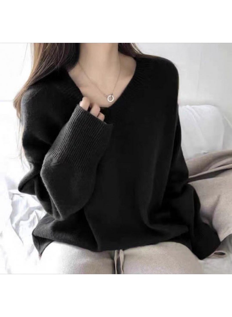Generic - 2023 V-Neck Sweater Women Loose Knit Pullover Brown - Image 1