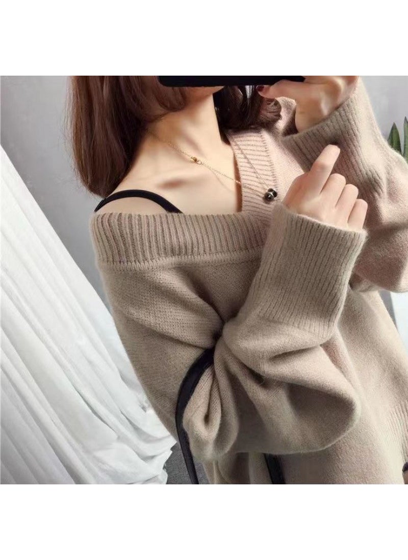 Generic - 2023 V-Neck Sweater Women Loose Knit Pullover Brown - Image 1