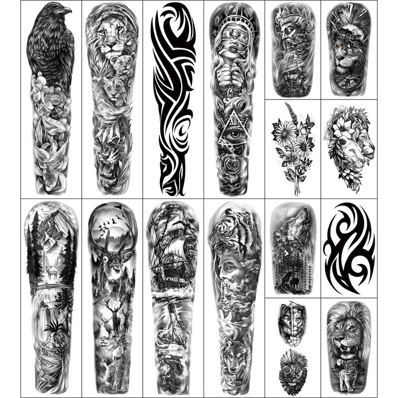 Metuu 46 Sheets Full Arm Temporary Tattoos Waterproof For Men(L22.8â€œxW7â€), Fake Tattoos for Women Lion Tiger Clock Flower Skeleton Animals Design, Hand Forearm Shoulder 3D Tattoos for Halloween - Image 2