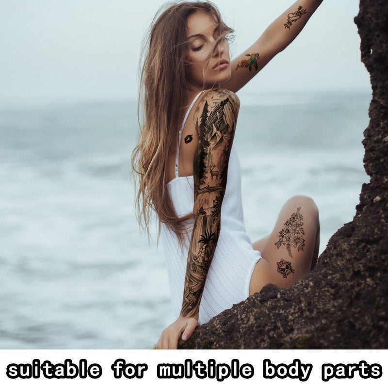 Metuu 46 Sheets Full Arm Temporary Tattoos Waterproof For Men(L22.8â€œxW7â€), Fake Tattoos for Women Lion Tiger Clock Flower Skeleton Animals Design, Hand Forearm Shoulder 3D Tattoos for Halloween - Image 5