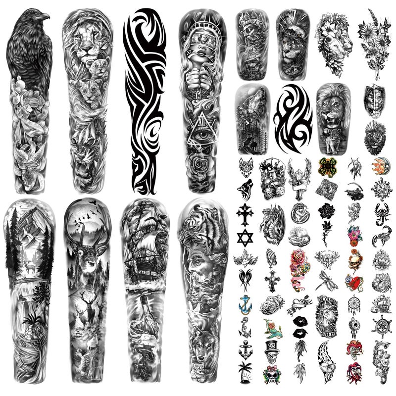 Metuu 46 Sheets Full Arm Temporary Tattoos Waterproof For Men(L22.8â€œxW7â€), Fake Tattoos for Women Lion Tiger Clock Flower Skeleton Animals Design, Hand Forearm Shoulder 3D Tattoos for Halloween - Image 1