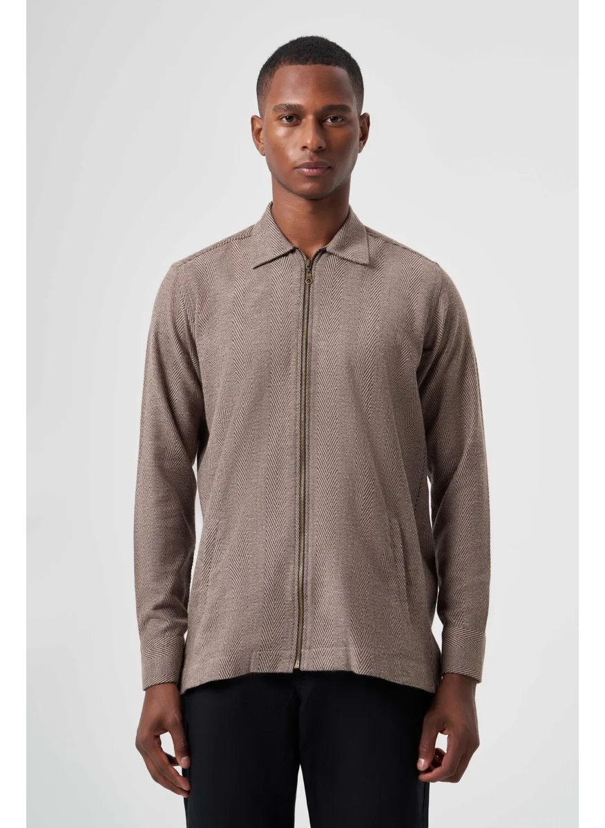 Bisse Men's Regular Fit Zippered Flannel Shirt Brown GM22K222093_D11