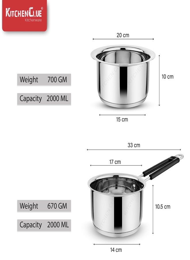KITCHEN CLUE Stainless Steel Triply Base Tope/Patila/bhagona/biryani Cook & Serve - Induction Bottom Cookware Set for Kitchen (Pack of 2 Pieces : Tope - 20cm & Saucepan 18cm) - 5 Year Warranty - Image 3