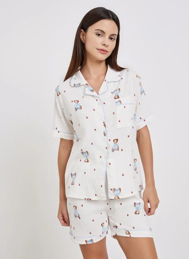 Take Two Take Two White Bear Print Shirt and Shorts Set
