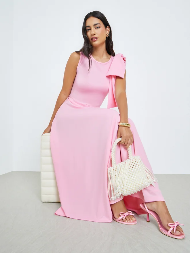 ستايلي Styli Pink Bow Detail A-Line Maxi Dress