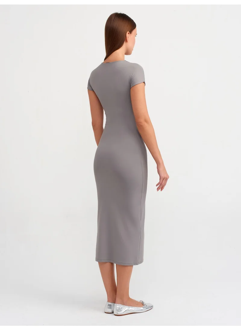 ديلفين 90890 Crew Neck Long Dress-Grey