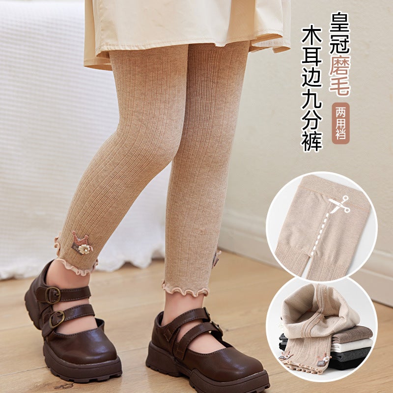 Girls' Thin Velvet Leggings Thickened Cotton Sanding Children'S Outer Wear Crown Long Pants Fleece Western Style Children - Image 3