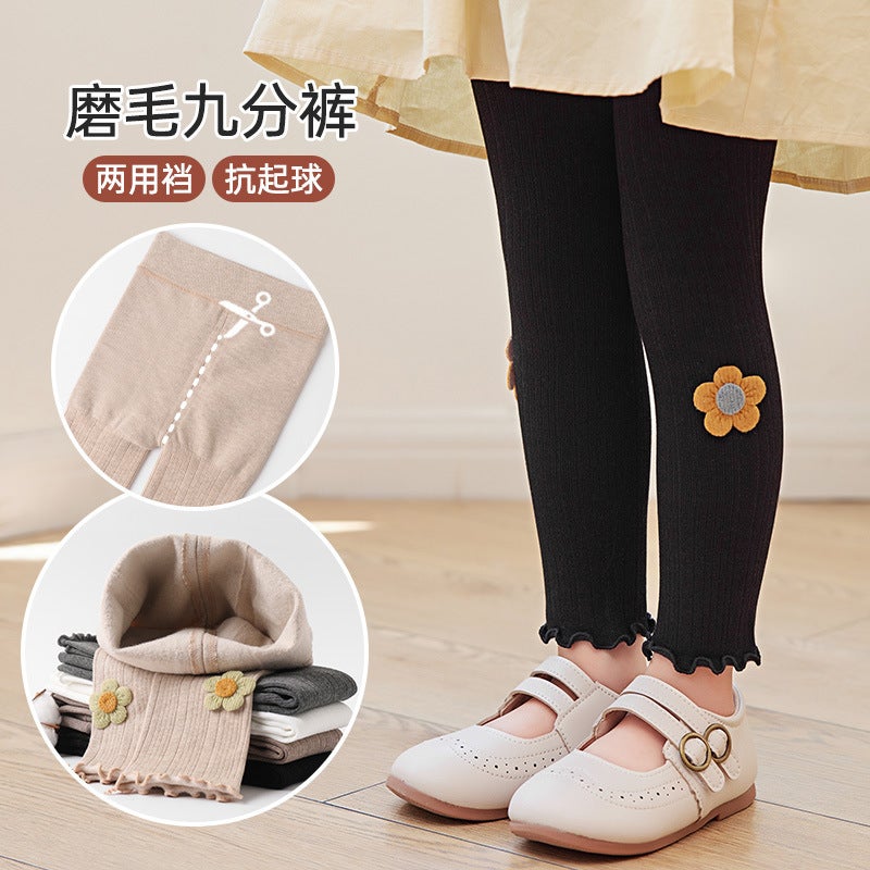 Girls' Thin Velvet Leggings Thickened Cotton Sanding Children'S Outer Wear Crown Long Pants Fleece Western Style Children - Image 2
