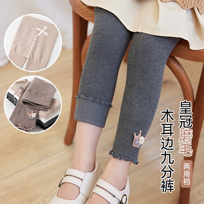 Girls' Thin Velvet Leggings Thickened Cotton Sanding Children'S Outer Wear Crown Long Pants Fleece Western Style Children - Image 4