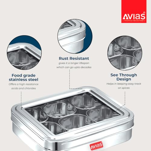AVIAS 6 Square Stainless Steel Spice Box With 6 Containers - See-Through Glass Lid Masala Dani/Dry Fruit Box for Kitchen - Silver - Image 2