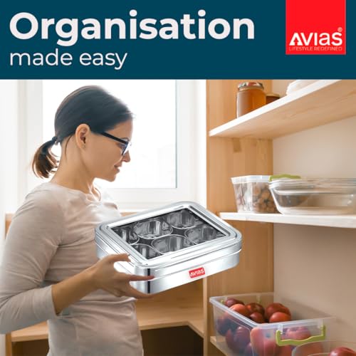 AVIAS 6 Square Stainless Steel Spice Box With 6 Containers - See-Through Glass Lid Masala Dani/Dry Fruit Box for Kitchen - Silver - Image 5