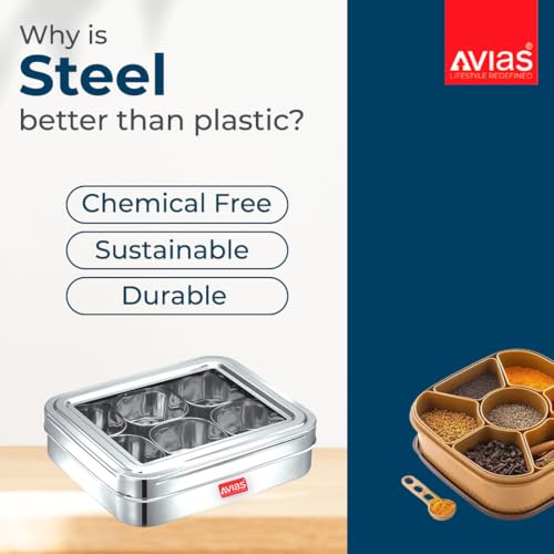 AVIAS 6 Square Stainless Steel Spice Box With 6 Containers - See-Through Glass Lid Masala Dani/Dry Fruit Box for Kitchen - Silver - Image 3