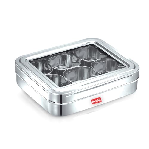AVIAS 6 Square Stainless Steel Spice Box With 6 Containers - See-Through Glass Lid Masala Dani/Dry Fruit Box for Kitchen - Silver - Image 1