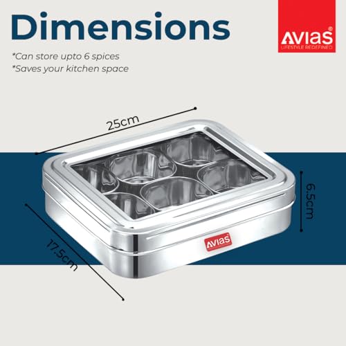 AVIAS 6 Square Stainless Steel Spice Box With 6 Containers - See-Through Glass Lid Masala Dani/Dry Fruit Box for Kitchen - Silver - Image 4