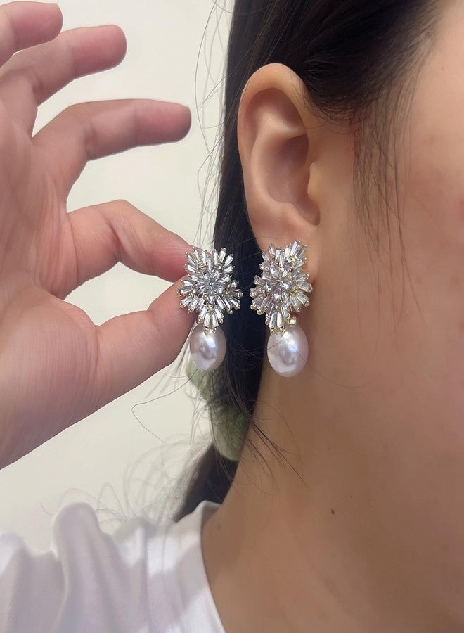 ZMANYIJEW Snowflake Dangle Earrings - Sparkly CZ Pearl & Gold Snowflake Holiday Earrings for Women (White) - Image 4