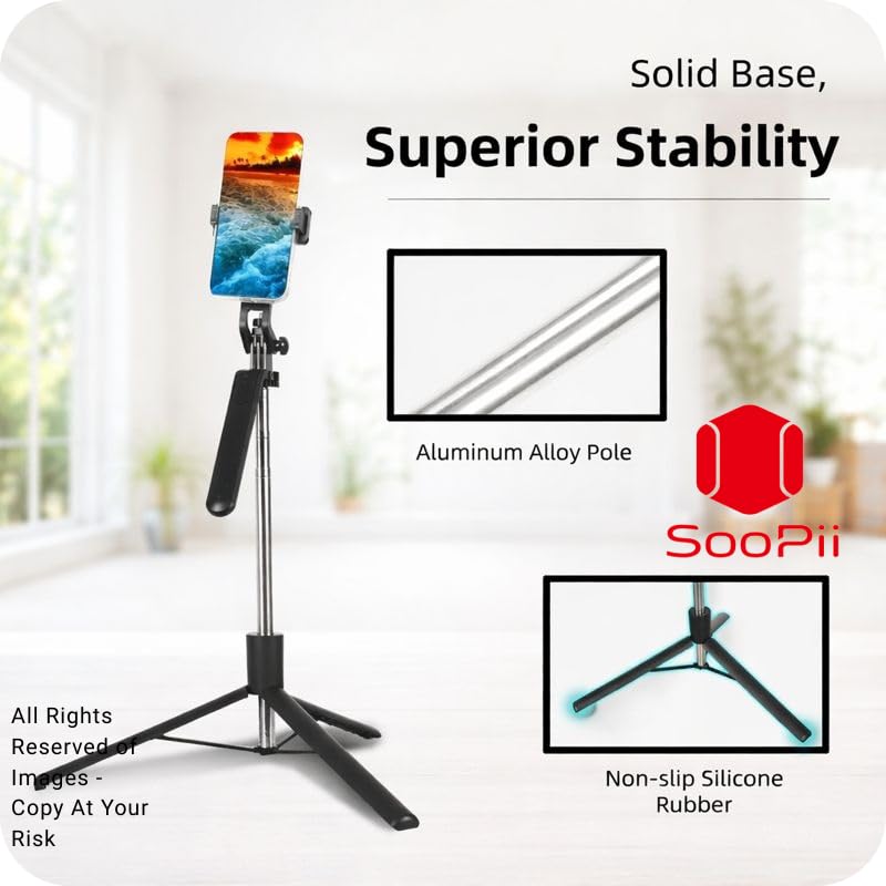 SooPii All in one Bluetooth Selfie Stick with Tripod Stand | Foldable & Extendable | Wireless Remote | Lightweight Portable Selfie Stick for Android & iPhone | Vlogging, Travel, Video Shooting - Image 2