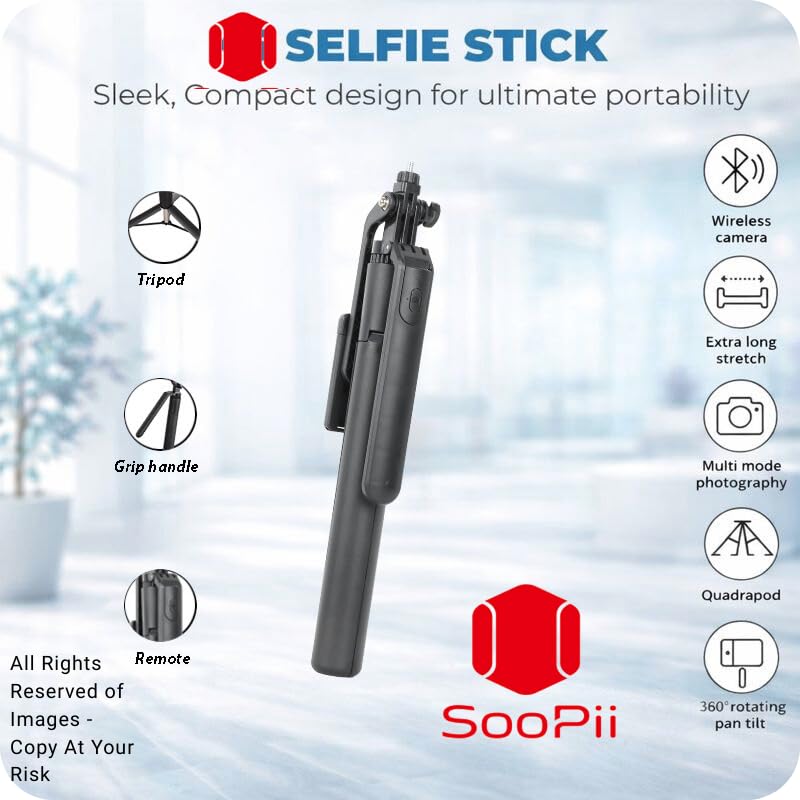 SooPii All in one Bluetooth Selfie Stick with Tripod Stand | Foldable & Extendable | Wireless Remote | Lightweight Portable Selfie Stick for Android & iPhone | Vlogging, Travel, Video Shooting - Image 3