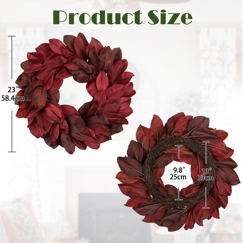 Briful 23in Magnolia Christmas Wreath for Front Door, Realistic Red Magnolia Leaf Wreath All Season Wreaths for Xmas Home Outdoor & Indoor Decor - Image 2