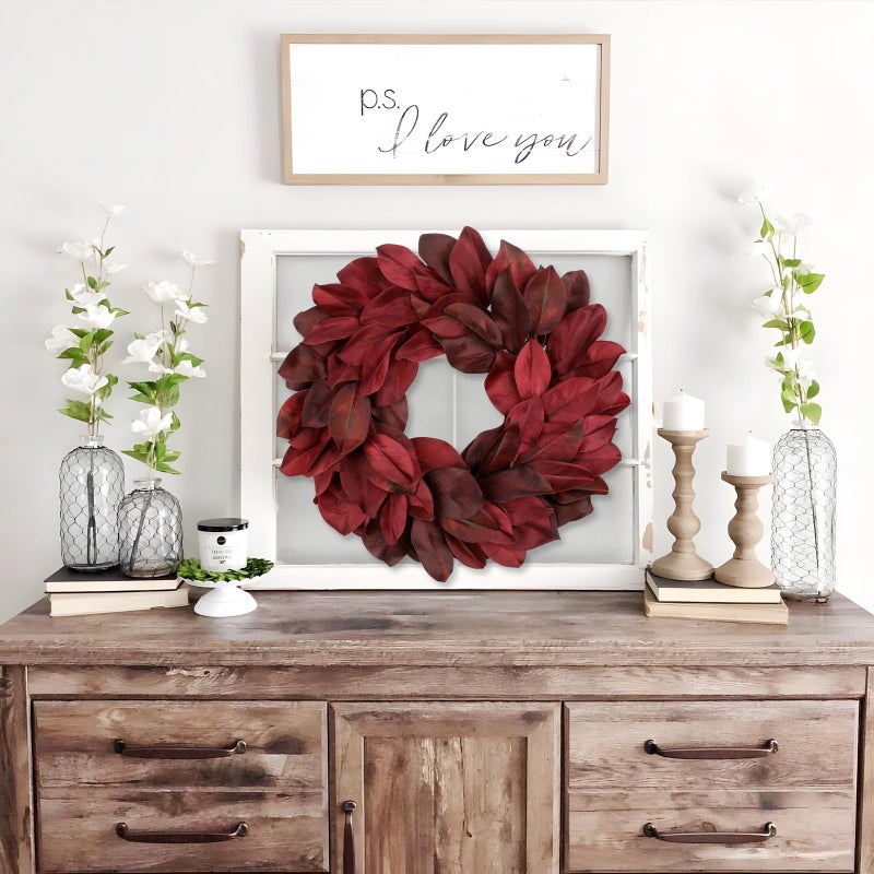 Briful 23in Magnolia Christmas Wreath for Front Door, Realistic Red Magnolia Leaf Wreath All Season Wreaths for Xmas Home Outdoor & Indoor Decor - Image 4