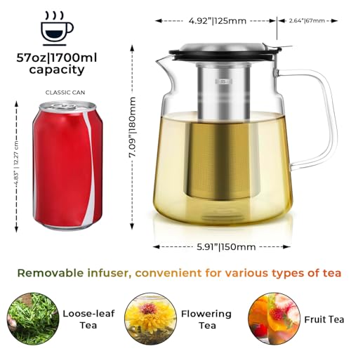 Aquach Glass Teapot with Removable Infuser - 57oz Borosilicate Tea Pot for Stovetop & Cold Brew, Stainless Steel Filter for Loose Leaf/Iced Tea - Image 5