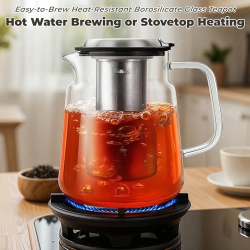 Aquach Glass Teapot with Removable Infuser - 57oz Borosilicate Tea Pot for Stovetop & Cold Brew, Stainless Steel Filter for Loose Leaf/Iced Tea - Image 3