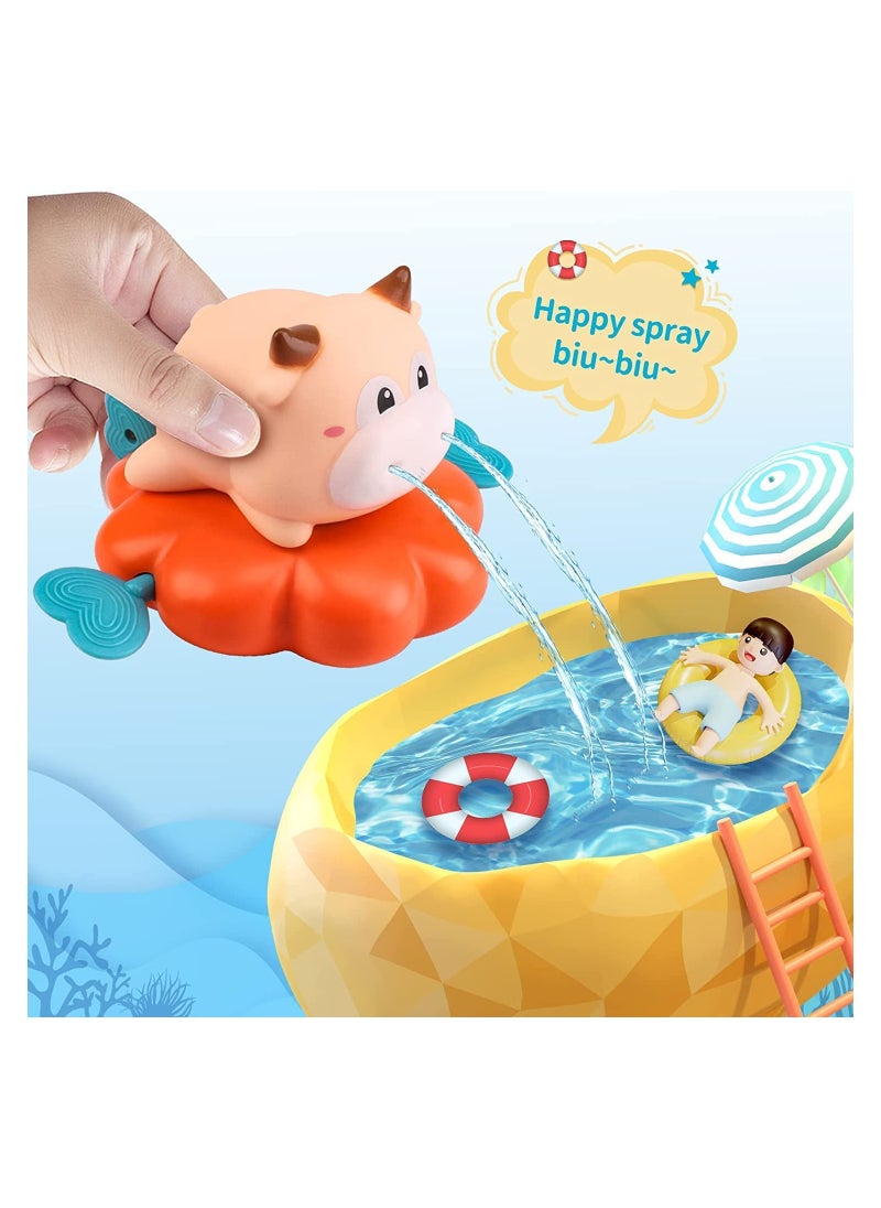Excefore - Baby Bath Toys Floating Swimming Toys 3PCS Baby Bathtub Toys for 6-12 Months Temperature Sensing Water Spray Children's Bathroom Pull Line Little Lion Calf Dinosaur Swimming Toys - Image 1