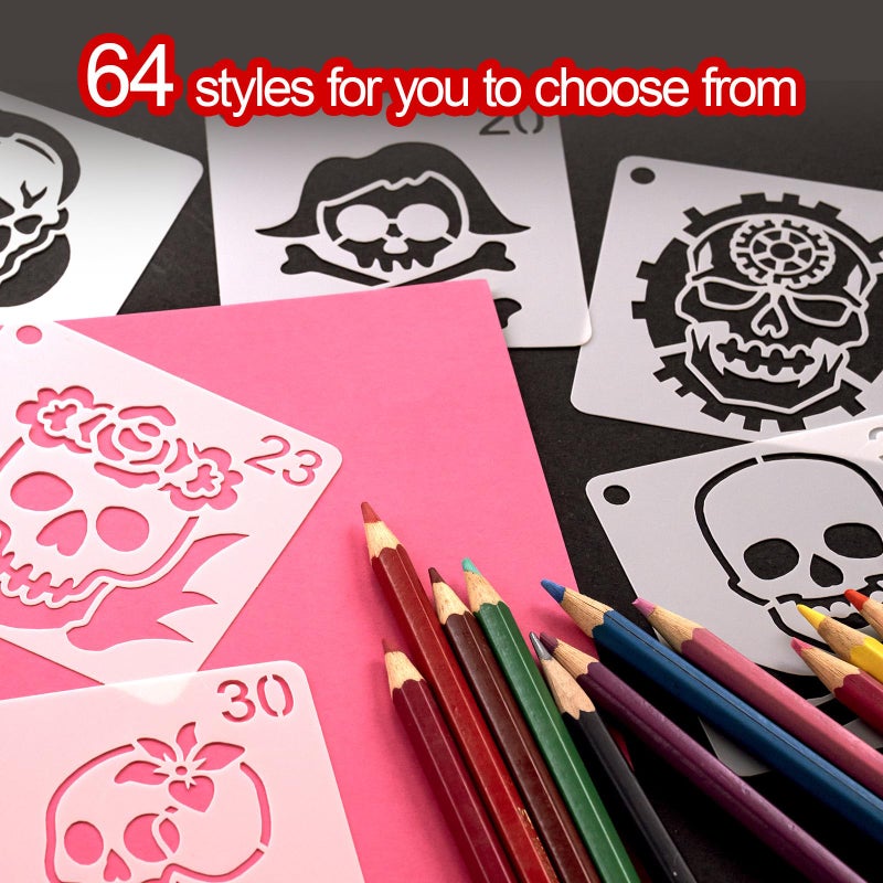 Felixcraft Skull Stencils for Painting, 64PCS 3x3 Inch Plastic Halloween Stencils for Crafts Reusable, Durable PET Material for Wood Signs, Wall Art, Fabric Painting, and Spooky DIY Art Projects - Image 2