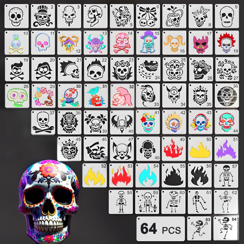 Felixcraft Skull Stencils for Painting, 64PCS 3x3 Inch Plastic Halloween Stencils for Crafts Reusable, Durable PET Material for Wood Signs, Wall Art, Fabric Painting, and Spooky DIY Art Projects - Image 1