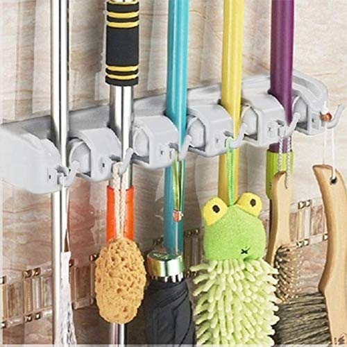 Vruta Mop and Broom Holder Wall Mounted Garden Tool Rack Garage Storage 4 Position 5 Hook Broom Organizer - Image 1