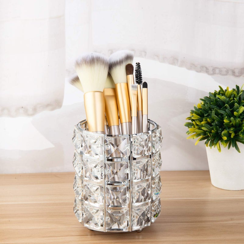 Feyarl Feyarl 2pcs Crystal Beads Makeup Brush Holder Silver Bling Handcrafted Comb Brush Pen Pencil Holder Pot Cup Storage Cosmetic Tools Organizer Container Candle Holder  - Image 2