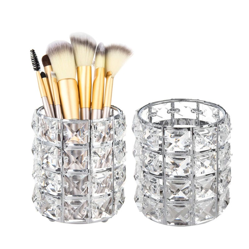 Feyarl Feyarl 2pcs Crystal Beads Makeup Brush Holder Silver Bling Handcrafted Comb Brush Pen Pencil Holder Pot Cup Storage Cosmetic Tools Organizer Container Candle Holder  - Image 1
