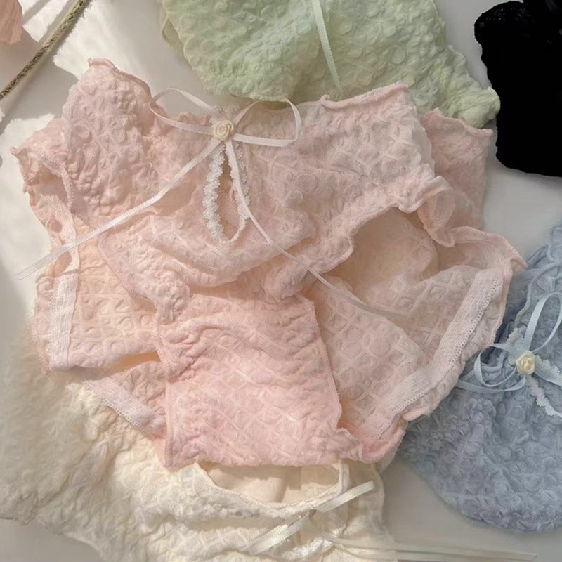Bowknot Hollow Girl Panties Lace Bubble Cute light pink - Image 5