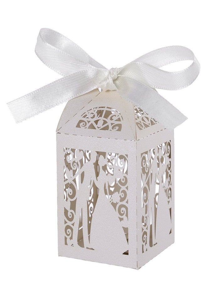 Tinksky 100pcs Wedding Candy Boxes Couple Design Luxury Lase Cut Party Wedding Favor Ribbon Candy Boxes Gift Box Table Decorations (White) - Image 1