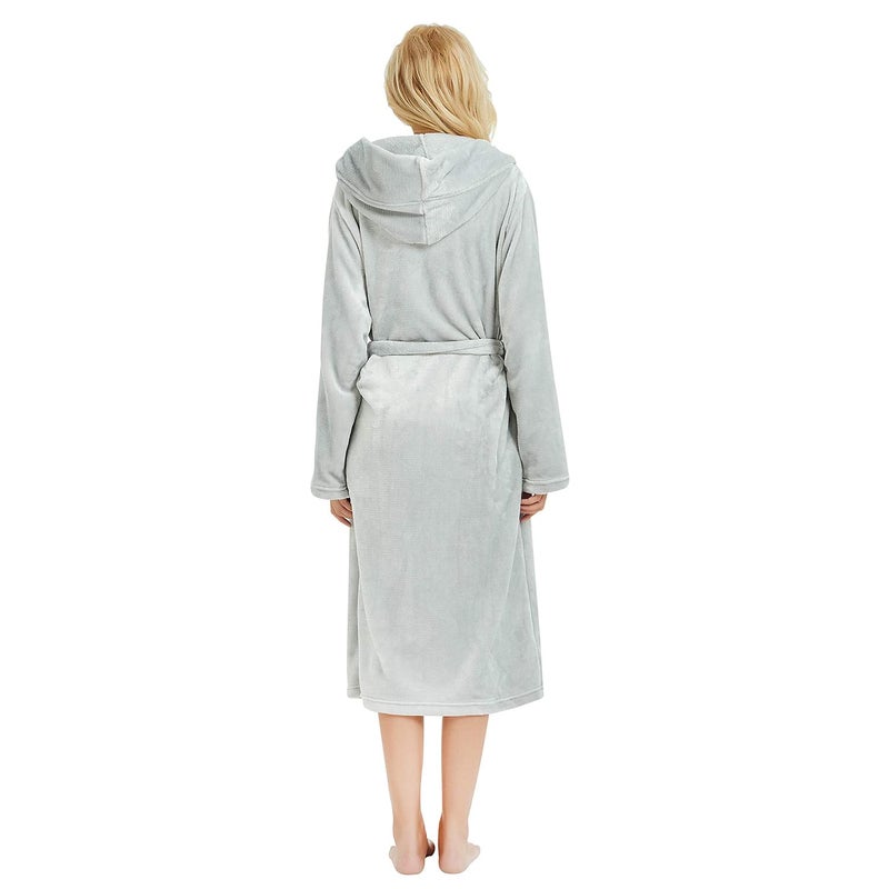 HEARTNICE Womens Hooded Fleece Robe, Soft Plush Bathrobe for Womens, Fluffy Cute Long House Coat (Light Grey Hooded, S/M) - Image 3