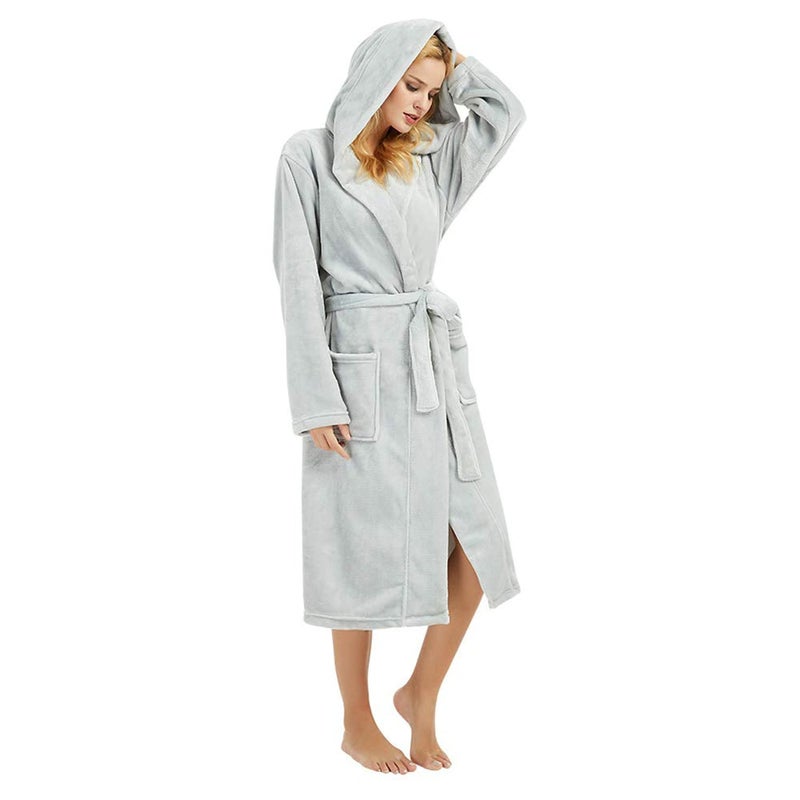 HEARTNICE Womens Hooded Fleece Robe, Soft Plush Bathrobe for Womens, Fluffy Cute Long House Coat (Light Grey Hooded, S/M) - Image 2