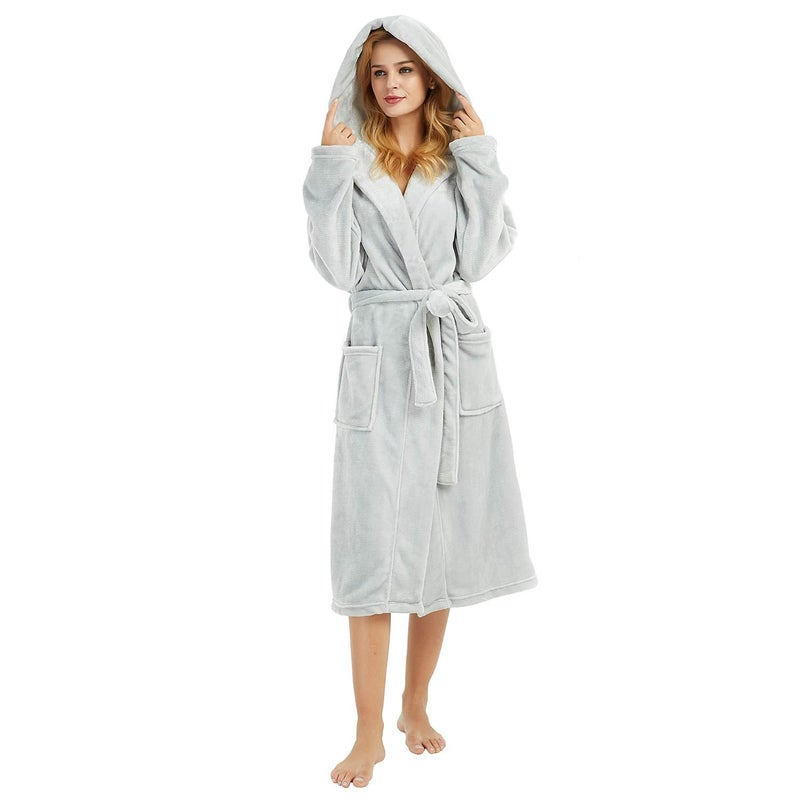 HEARTNICE Womens Hooded Fleece Robe, Soft Plush Bathrobe for Womens, Fluffy Cute Long House Coat (Light Grey Hooded, S/M) - Image 1