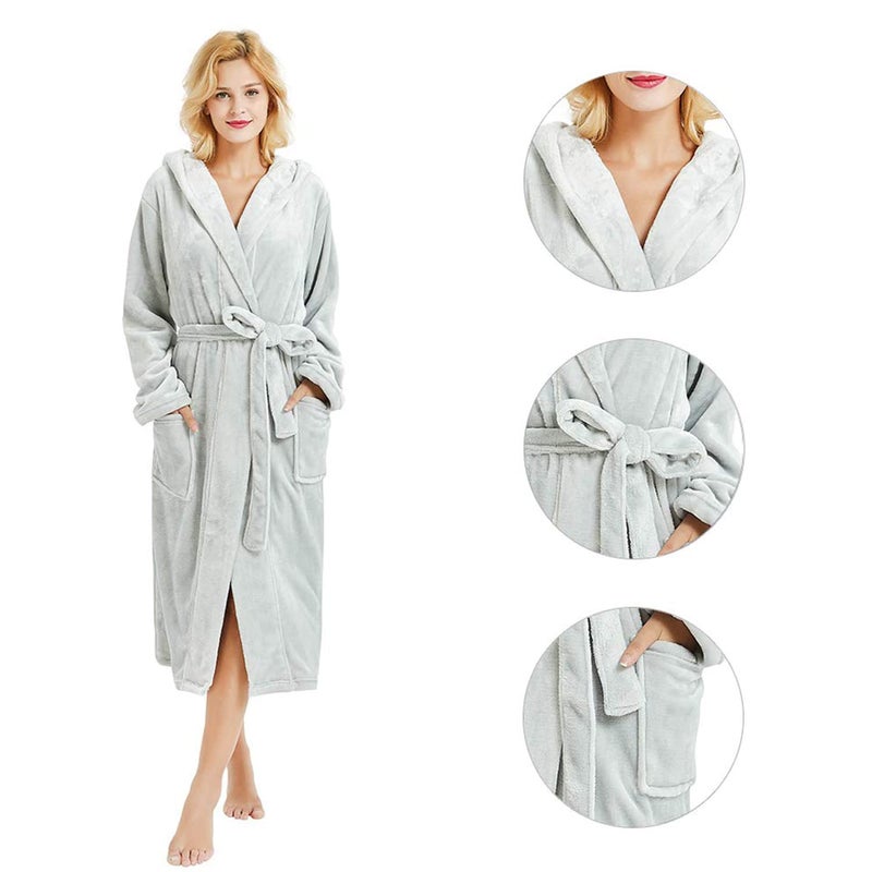 HEARTNICE Womens Hooded Fleece Robe, Soft Plush Bathrobe for Womens, Fluffy Cute Long House Coat (Light Grey Hooded, S/M) - Image 4