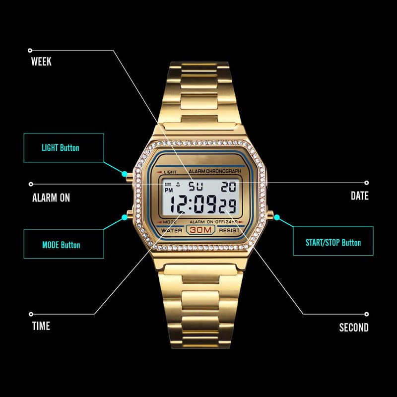 PASOY Men's Digital Gold Stainless Steel Watch Backlit Multifunction Stopwatch Waterproof Sport Watches (Gold with Crystal Bezel) - Image 3