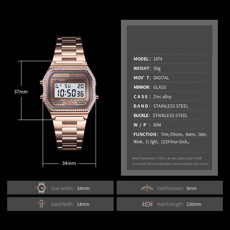 PASOY Men's Digital Gold Stainless Steel Watch Backlit Multifunction Stopwatch Waterproof Sport Watches (Gold with Crystal Bezel) - Image 4